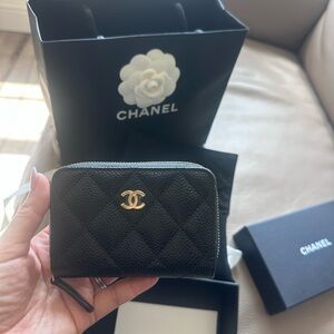 New CHANEL Black Quilted Caviar Leather Zip Coin Pouch with Gold CC